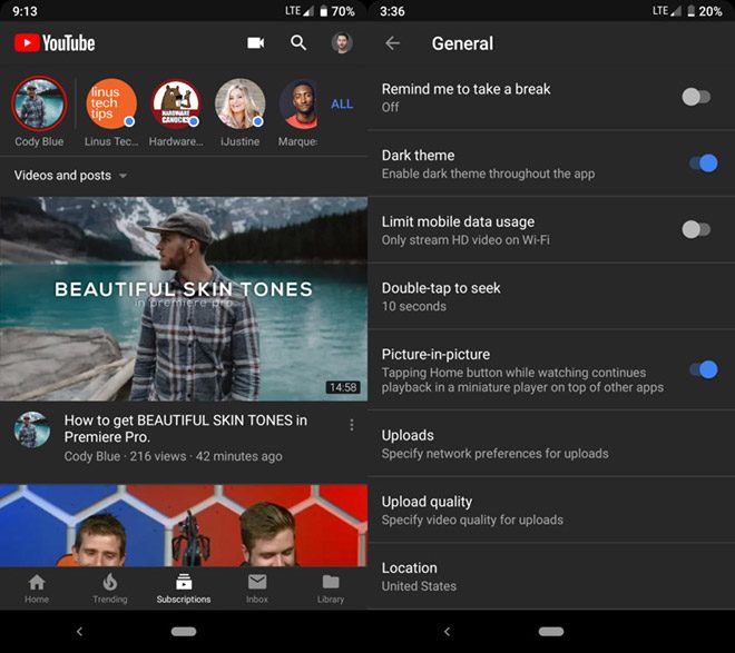 YouTube Android Koyu Tema