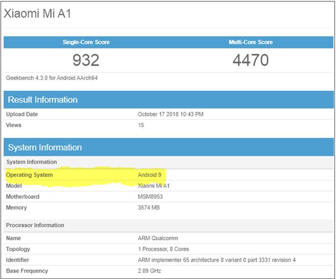 Xiaomi Mi A1 Android 9.0 Pie